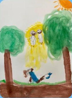 A child's painting of a boy praying in a grove of trees