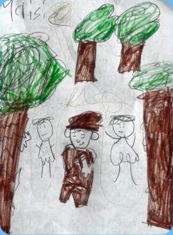 A child's crayon drawing of three figures among trees