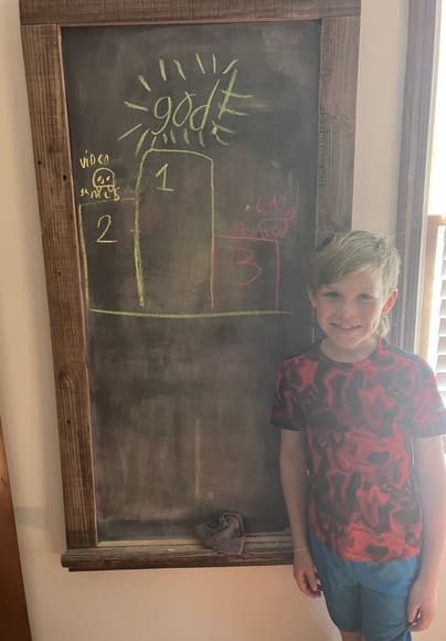 A boy next to his chalkboard drawing