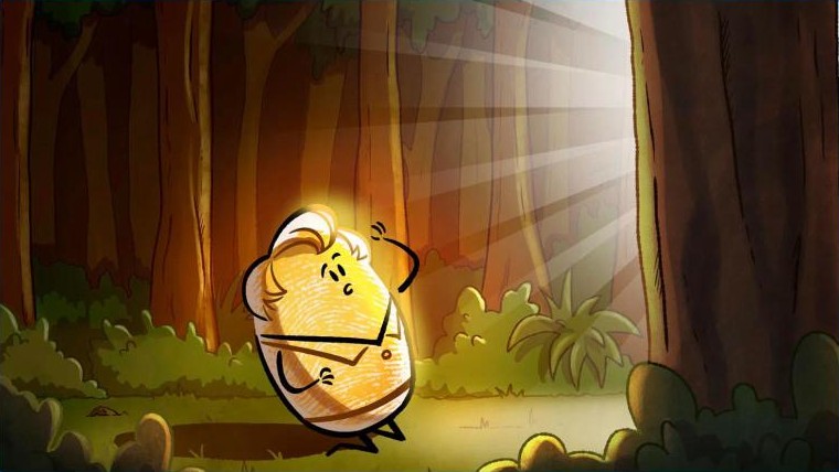 Still from the trailer: a Thumby character in a sunlit grove